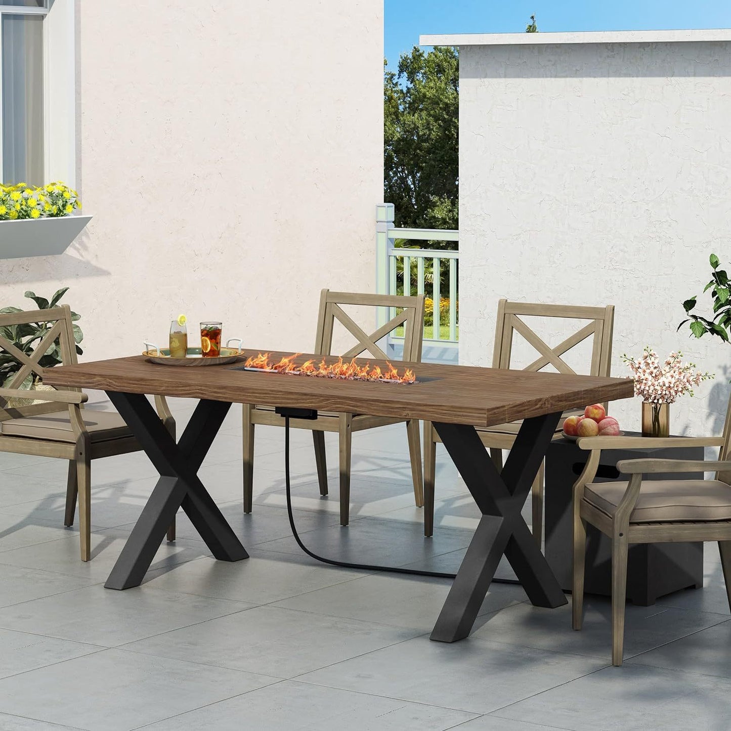 Outdoor Patio Propane Fire Pit Concrete Wood-Pattern Fire Table - 40, 000 BTU, 29' H x 69.25' W x 34.75' D, Brown (Tank cover not Included)