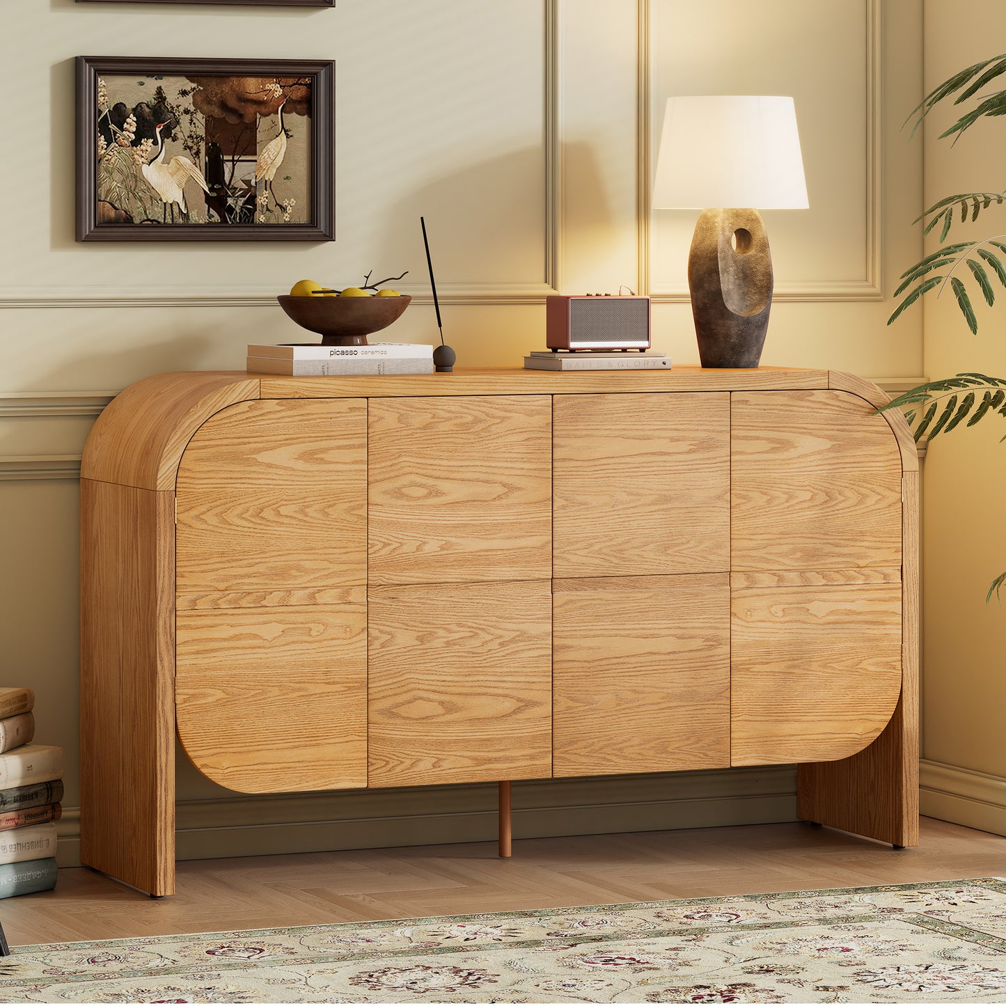 TREXM Buffet Cabinet with Storage, Wood Sideboard Cabinet with Curvy Edge, 4 Doors Retro Credenza Storage Cabinet with Adjustable Shelves for Living Room, Kitchen (Natural)