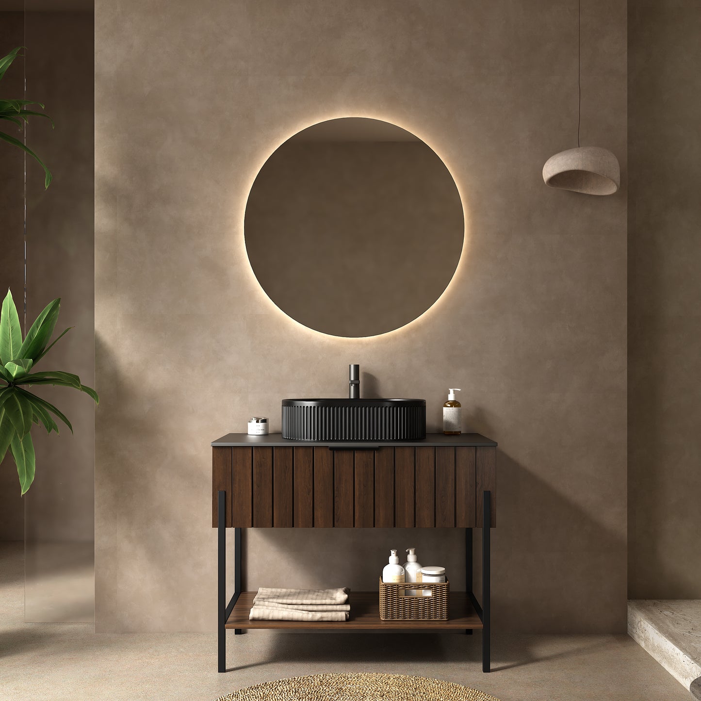 ZENO 36' Bathroom Vanity with Sink, Freestanding Striped Design Bathroom Storage Cabinet with Drawer and Metal Supporting Structure, Open Shelf, Black Ceramic Basin, Dark Walnut Woodgrain Color