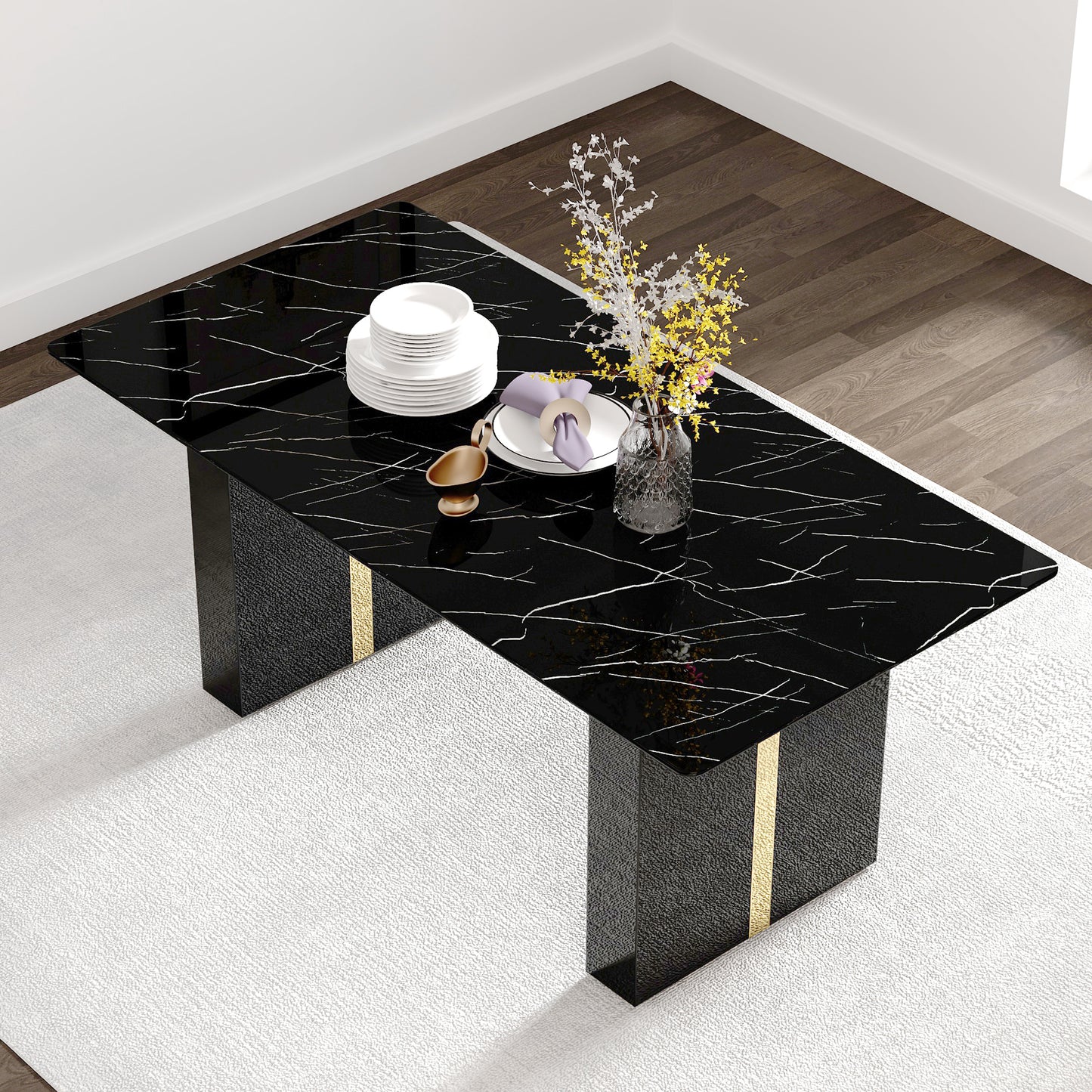 Large modern rectangular table with black patterned countertop and large MDF legs for kitchen, dining room and living room to create a different atmosphere for a home environment.