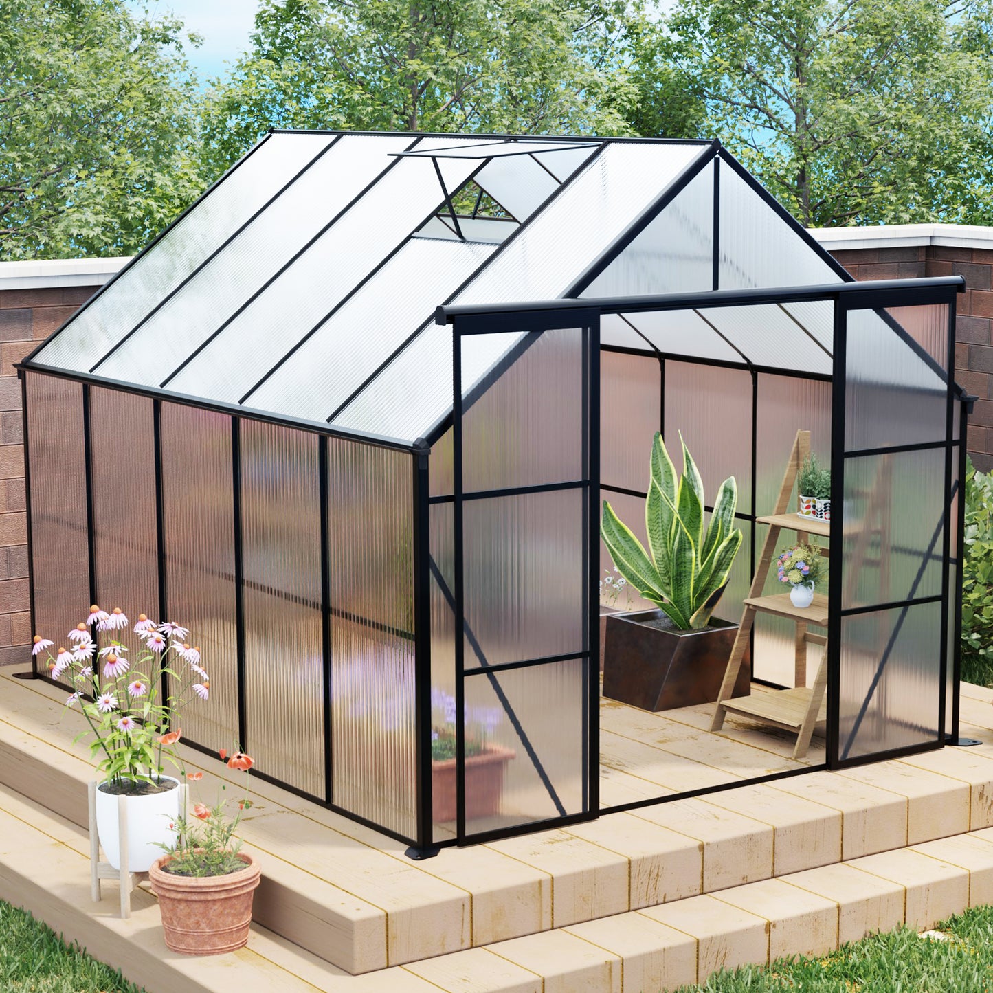 8x10FT Double Door Polycarbonate Greenhouse Raised Base and Anchor Aluminum Heavy Duty Walk-in Greenhouses for Outdoor Backyard in All Season,Black