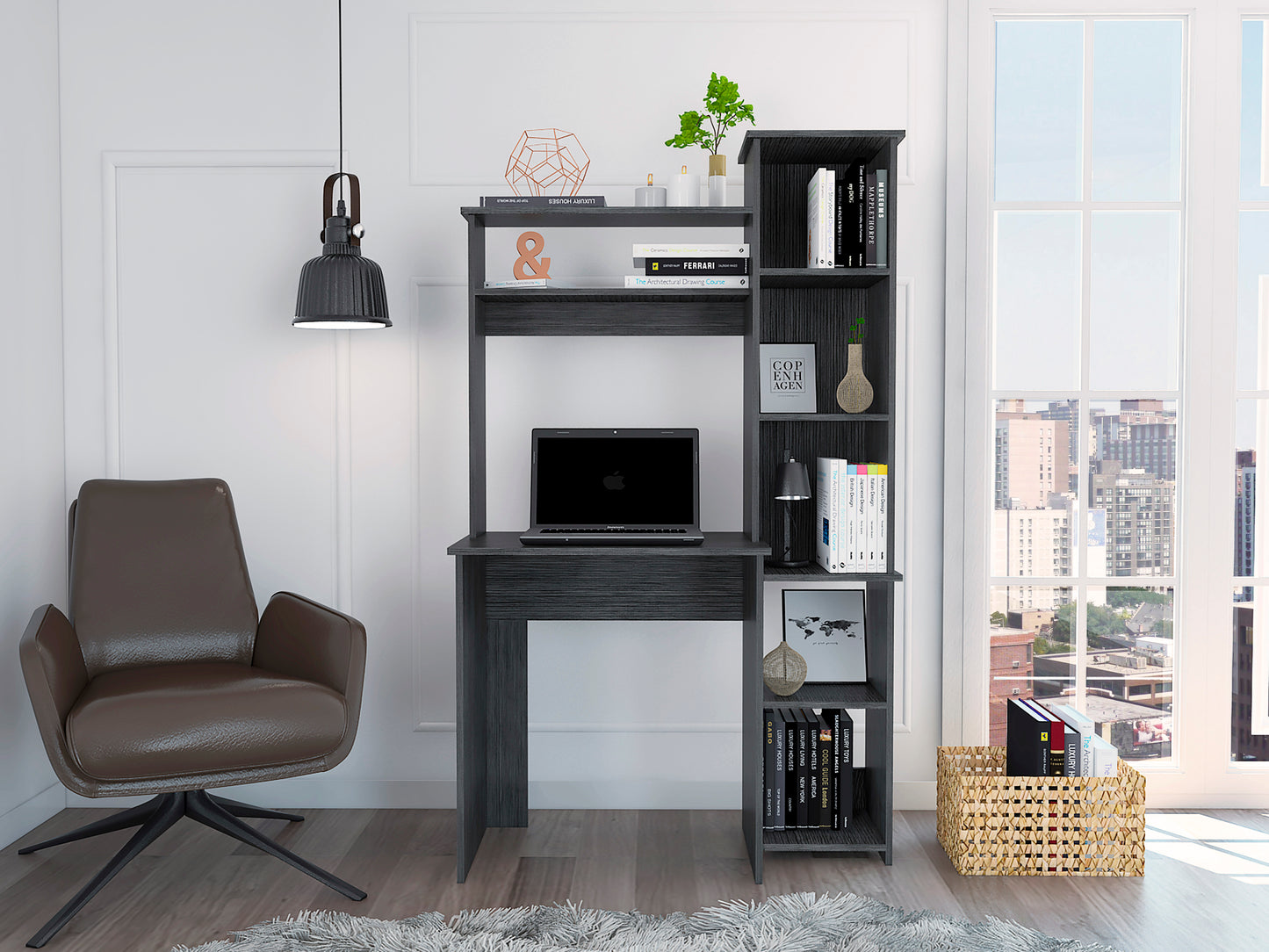 Versalles Writintg Desk, Two Superior Shelves, Five Cubbies -Smokey Oak