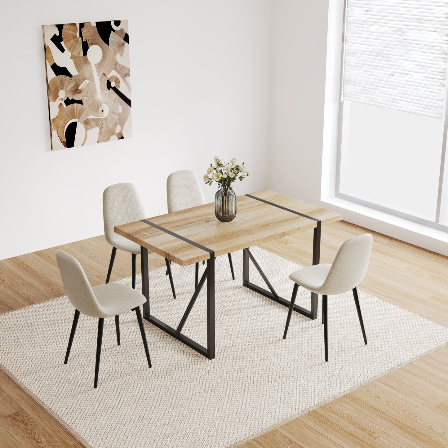 55' MDF Wood Colour Dining Table and Modern Dining Chair Set of 4, Mid Century Wooden Kitchen Table Set, Metal Base & Legs, Dining Room Table and Linen Chairs