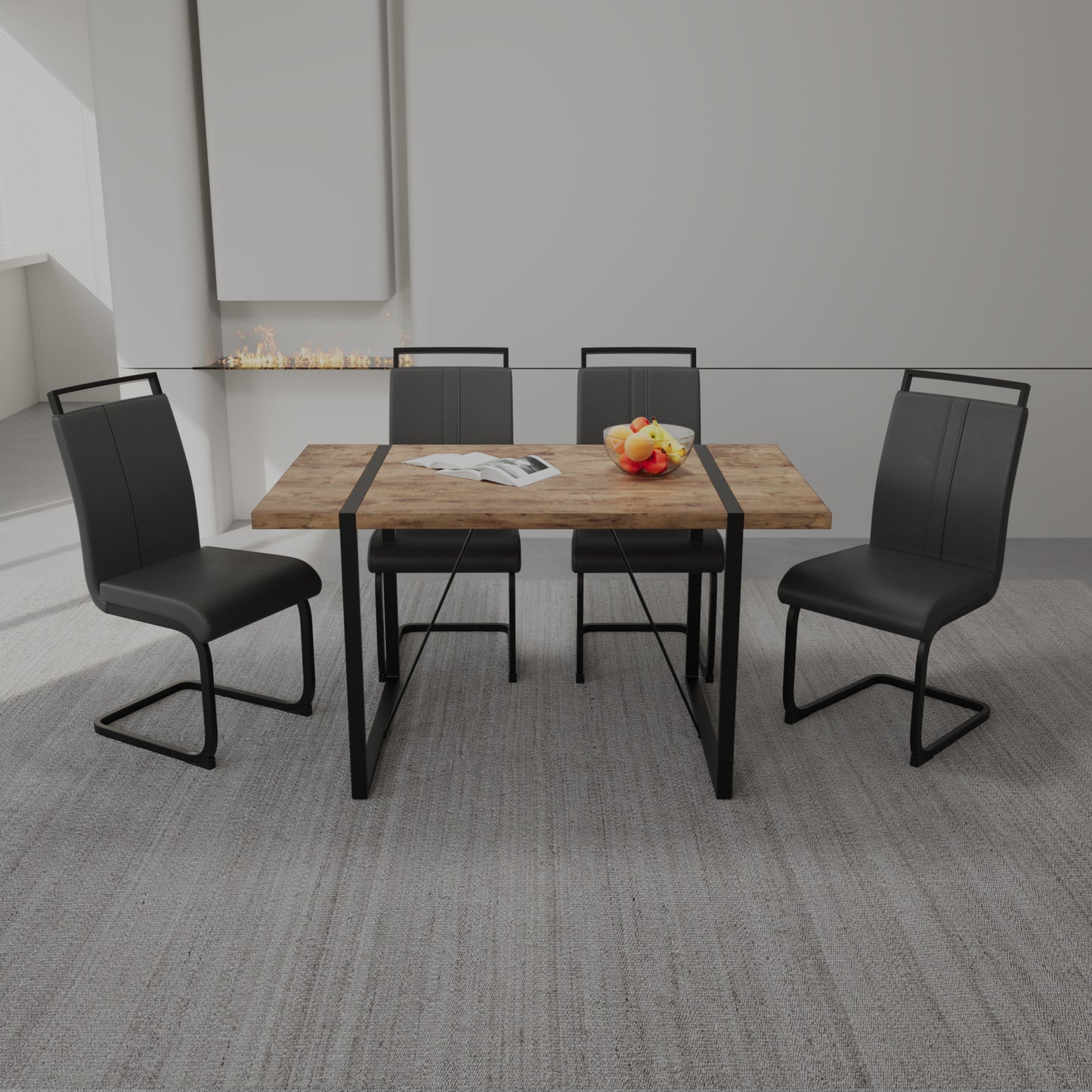 55 ' Dining Table Rural Industrial Rectangular MDF Dark Wood Set and PU Armless Dining Chair Set 4, Kitchen Black Metal Table Leg Dining Chair Set