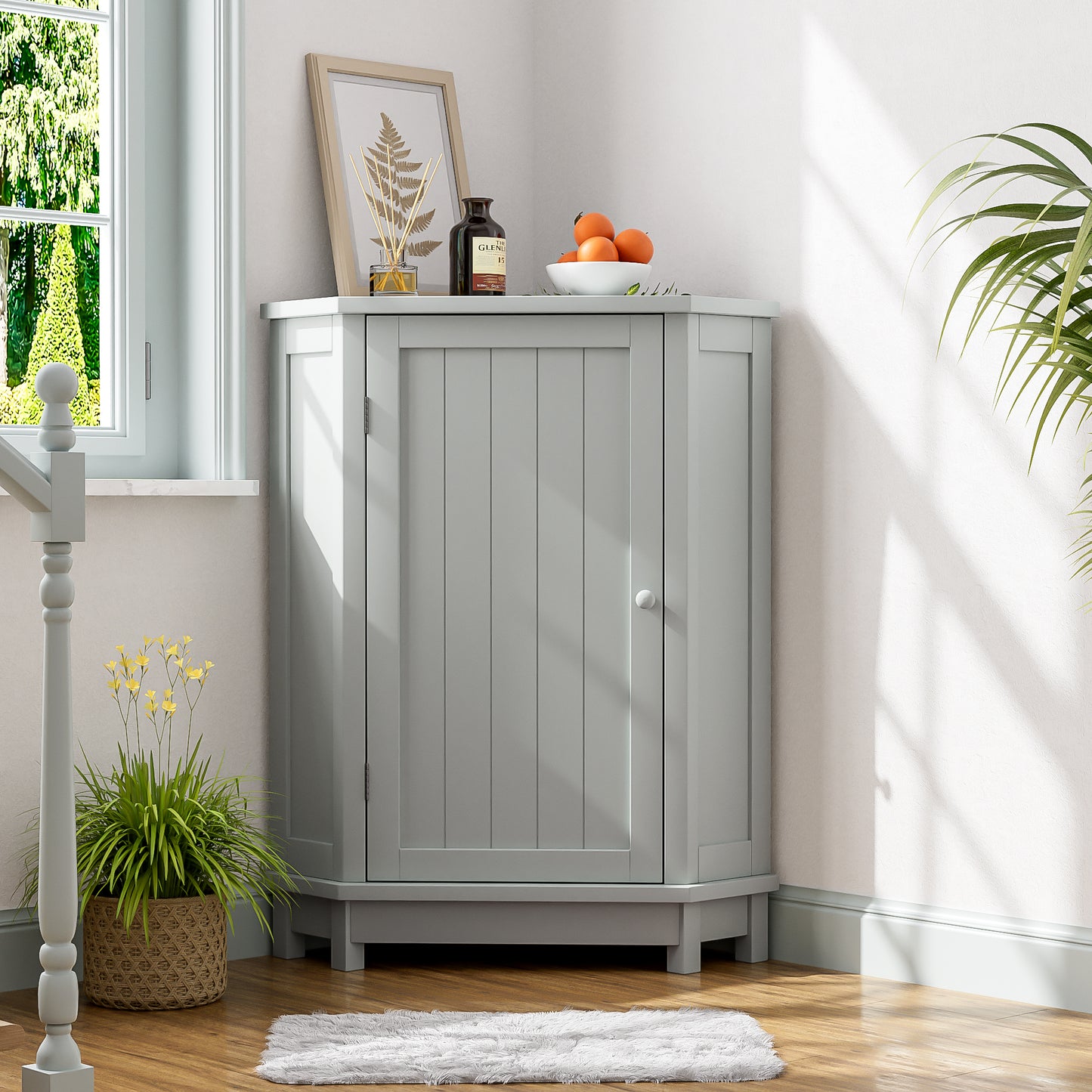 Grey Bathroom Cabinet Triangle Corner Storage Cabinet with Adjustable Shelf Modern Style MDF Board
