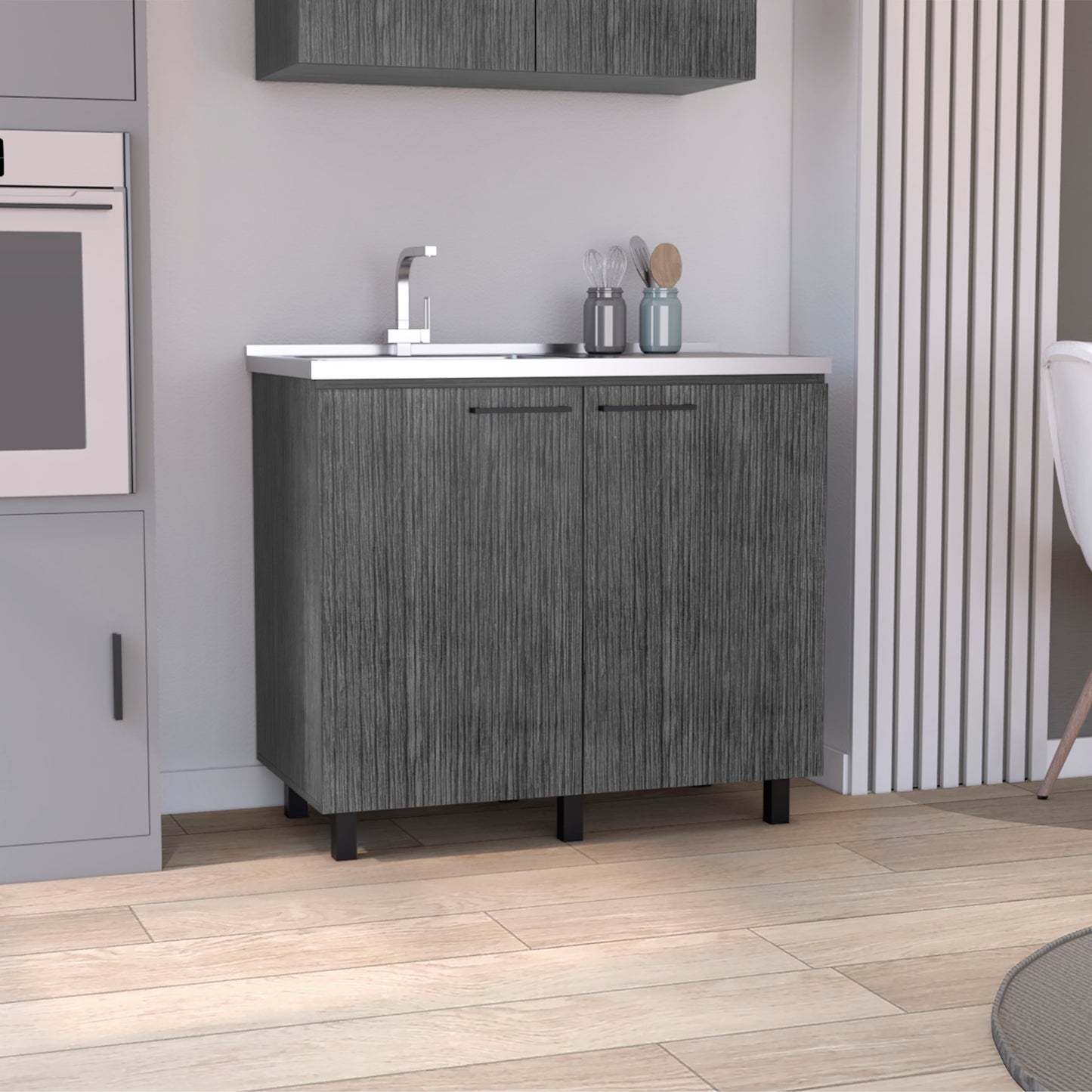 Napoles 2 Utility Sink with Cabinet, Stainless Steel Countertop, Interior Shelf Smokey Oak