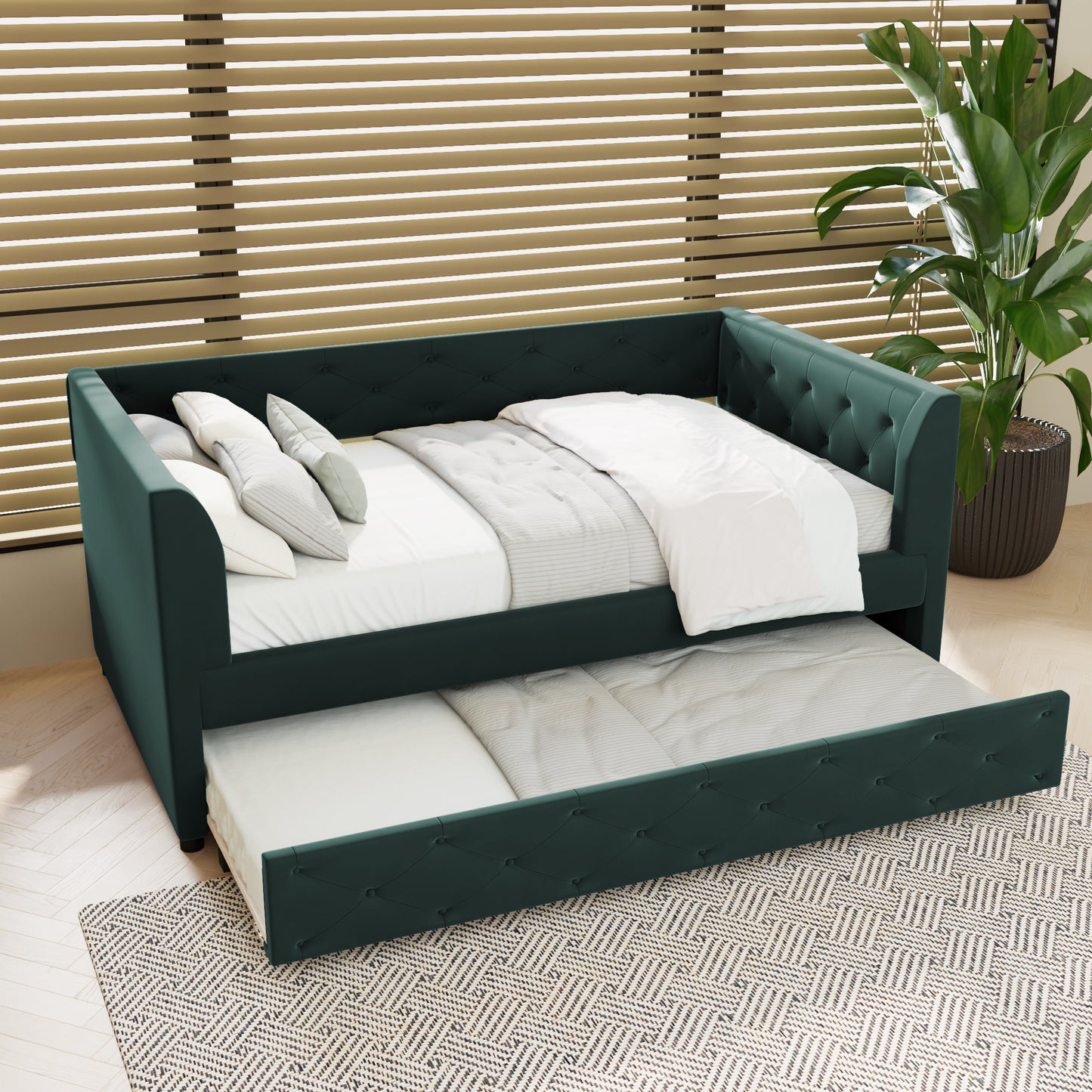 Twin Size Upholstered Velvet Tufted Daybed with Trundle, Green