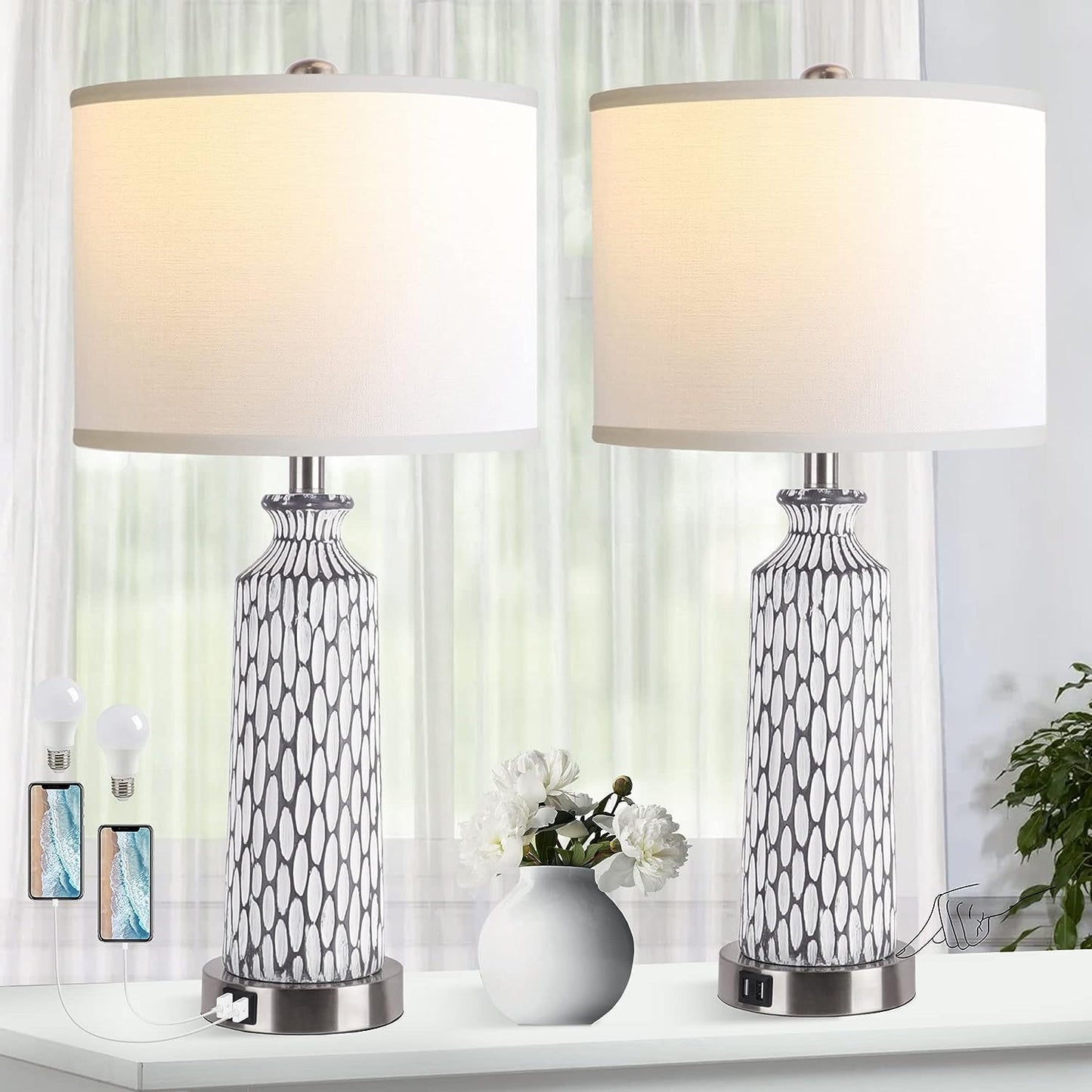 Living Room Table Lamp, Bedroom Bedside Lamp (Set of 2) with USB Port, 3-Way Dimming Touch Control, Modern Coastal White Gray Resin Bedside Lamp with 2700K LED Bulb