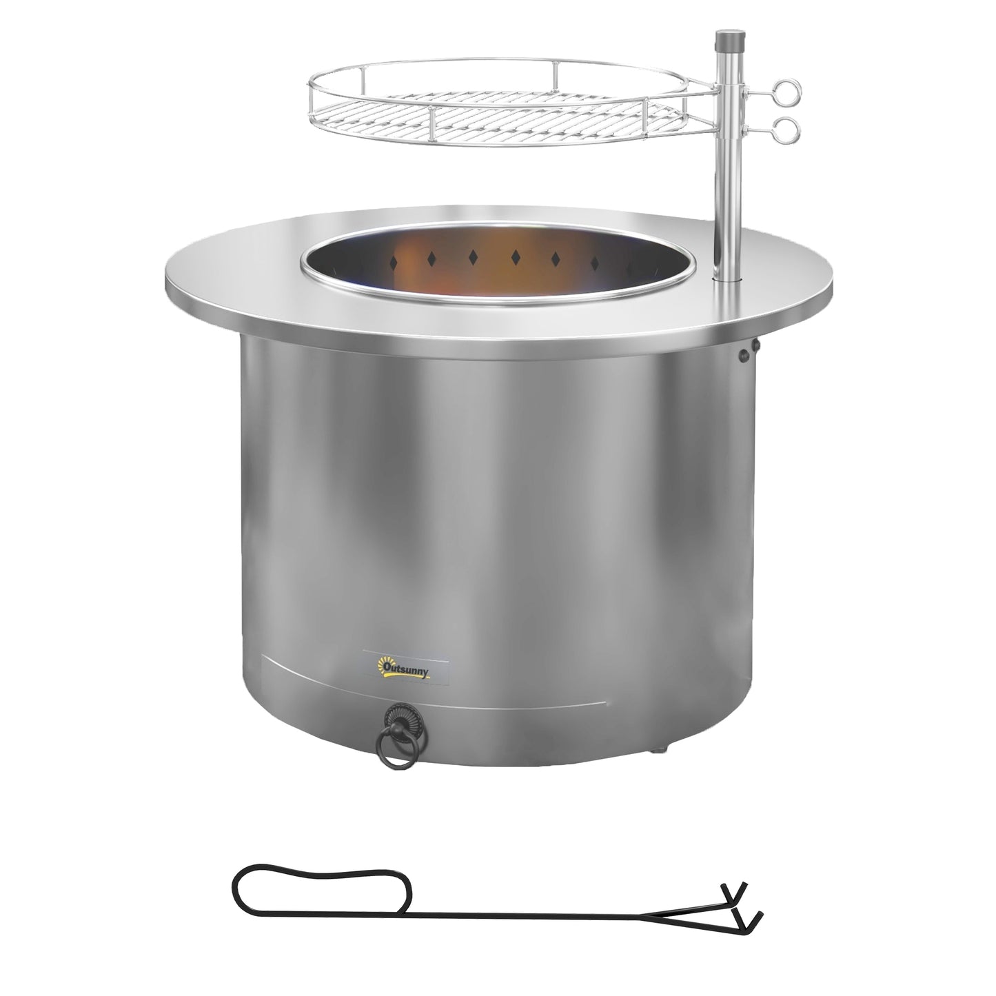 Outsunny 2-in-1 Smokeless Fire Pit, BBQ Grill, 25' Portable Wood Burning Firepit with Cooking Grate, Ash Tray & Poker, Low Smoke Camping Bonfire Stove for Patio Picnic, Stainless Steel, Silver