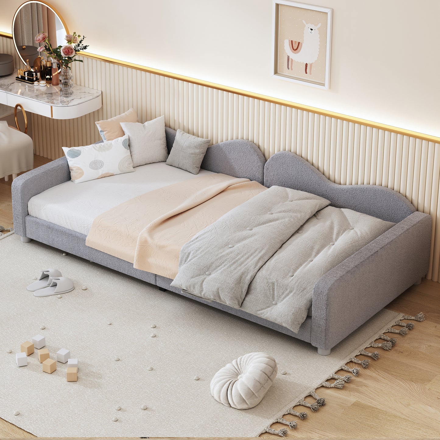 Twin size Upholstered Daybed, Sherpa Fabric Sofabed with Cloud-Shaped Backrest, No Box-spring Needed, Gray(Old SKU: WF532068AAE)