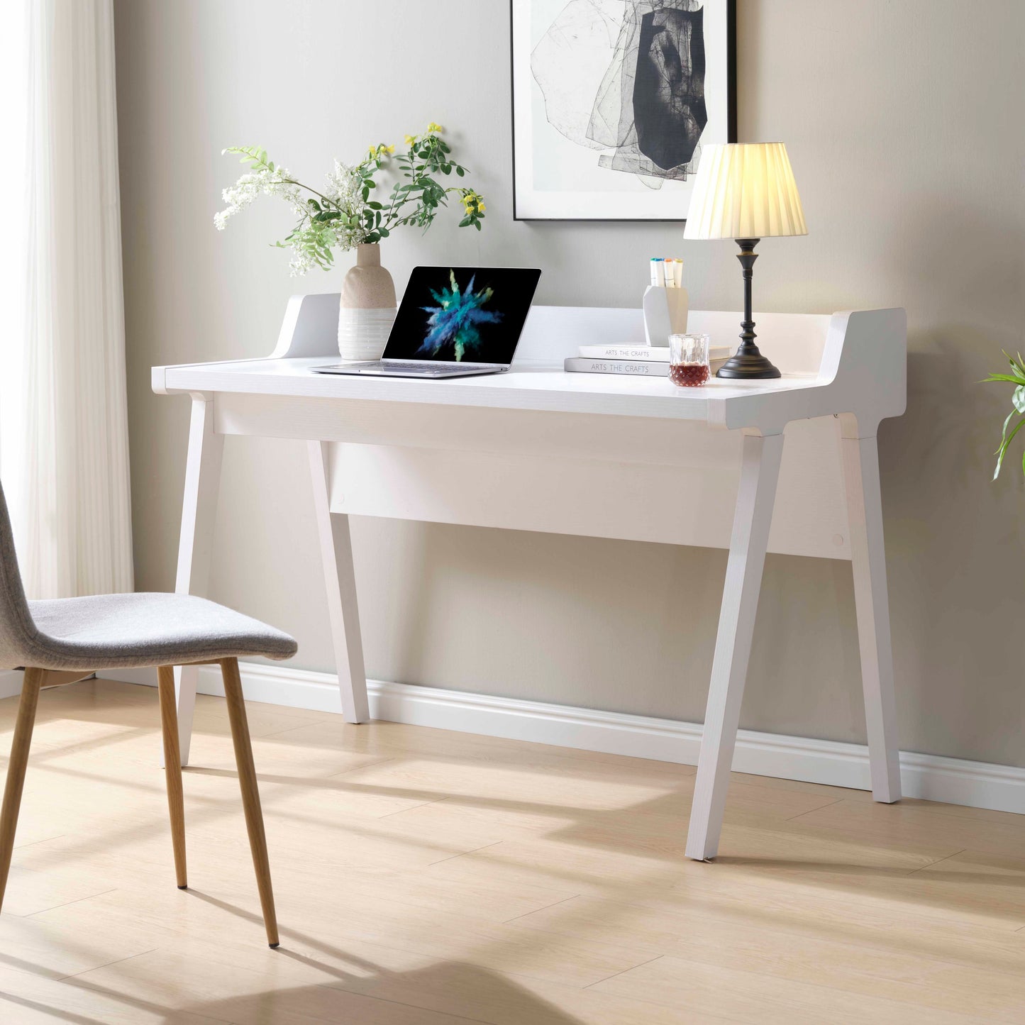 Home office writing desk Ground outlet USB-A ports finished on the back Wooden leg frame