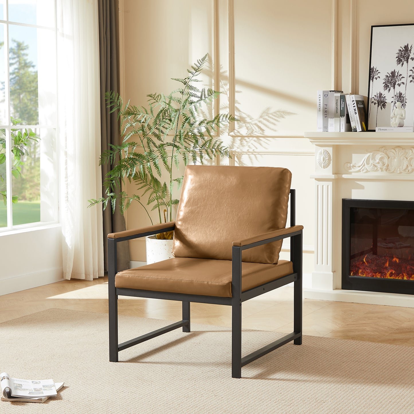 Tech cloth Armchair, Retro Leisure Accent Chair with Extra Soft Padded & Cushion, Metal Armrests, Modern Reading Arm Chair with Black Metal Frame for Living Room/Office/Bedroom/Study, Camel