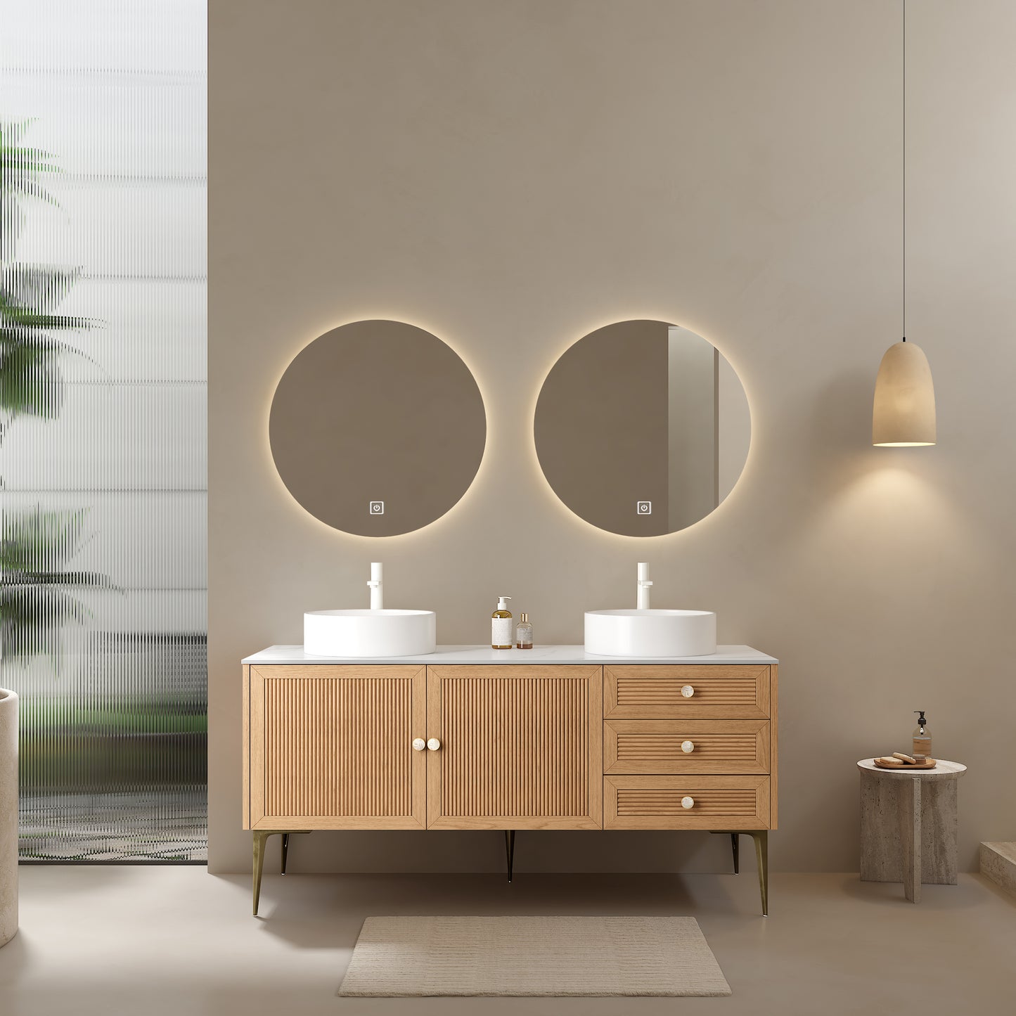 MUNIN 60' Bathroom Vanity with 2 Sinks, Freestanding Plywood Storage Cabinet with 5 Metal Legs, 3 Drawers and 2 Doors, White Ceramic Basin without Faucet, Pre-assembled, Oak Woodgrain Color
