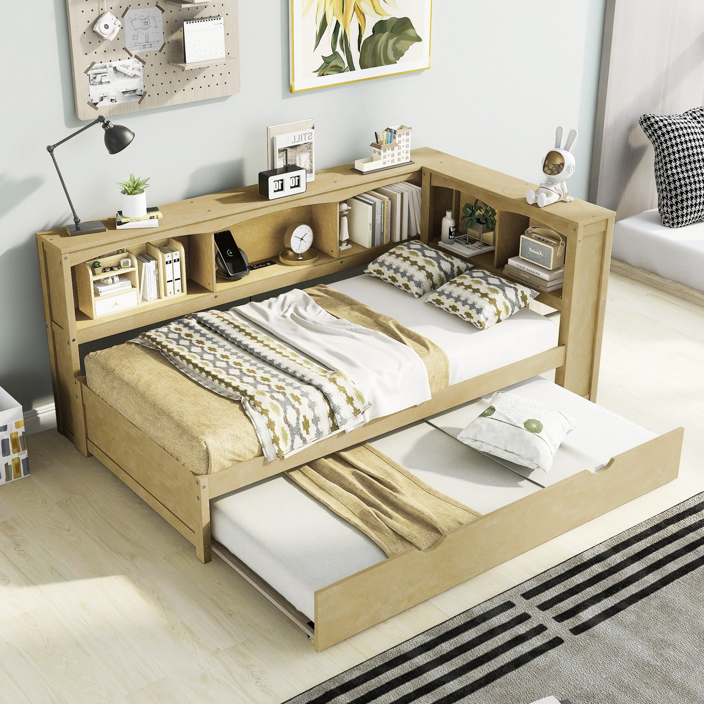 Twin Size Daybed with Trundle, Storage Cabinets and USB Ports, Wood Color