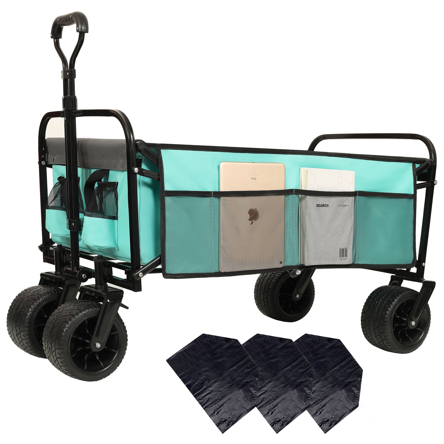 440lbs Collapsible Foldable Wagon Cart with strapping system ,Beach Wagon Utility Cart Utility Wagon Grocery Cart for Camping Shopping Sports Gardening Fishing Supports 3pcs plastic Liner bag Blue