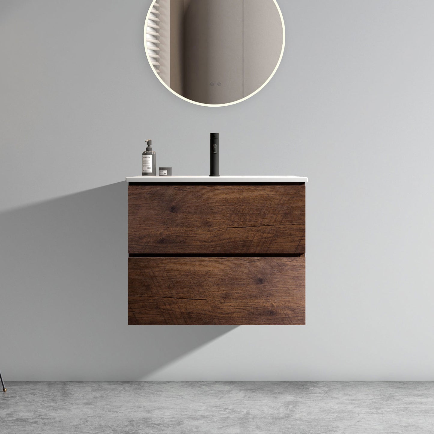 Wall Mount 24' Walnut Bathroom Vanity with Ceramic Sink with one faucet hole, Large Storage Floating Bathroom Vanity for Modern Bathroom, One-Piece Sink Basin without Drain and Faucet, Pre-assembled