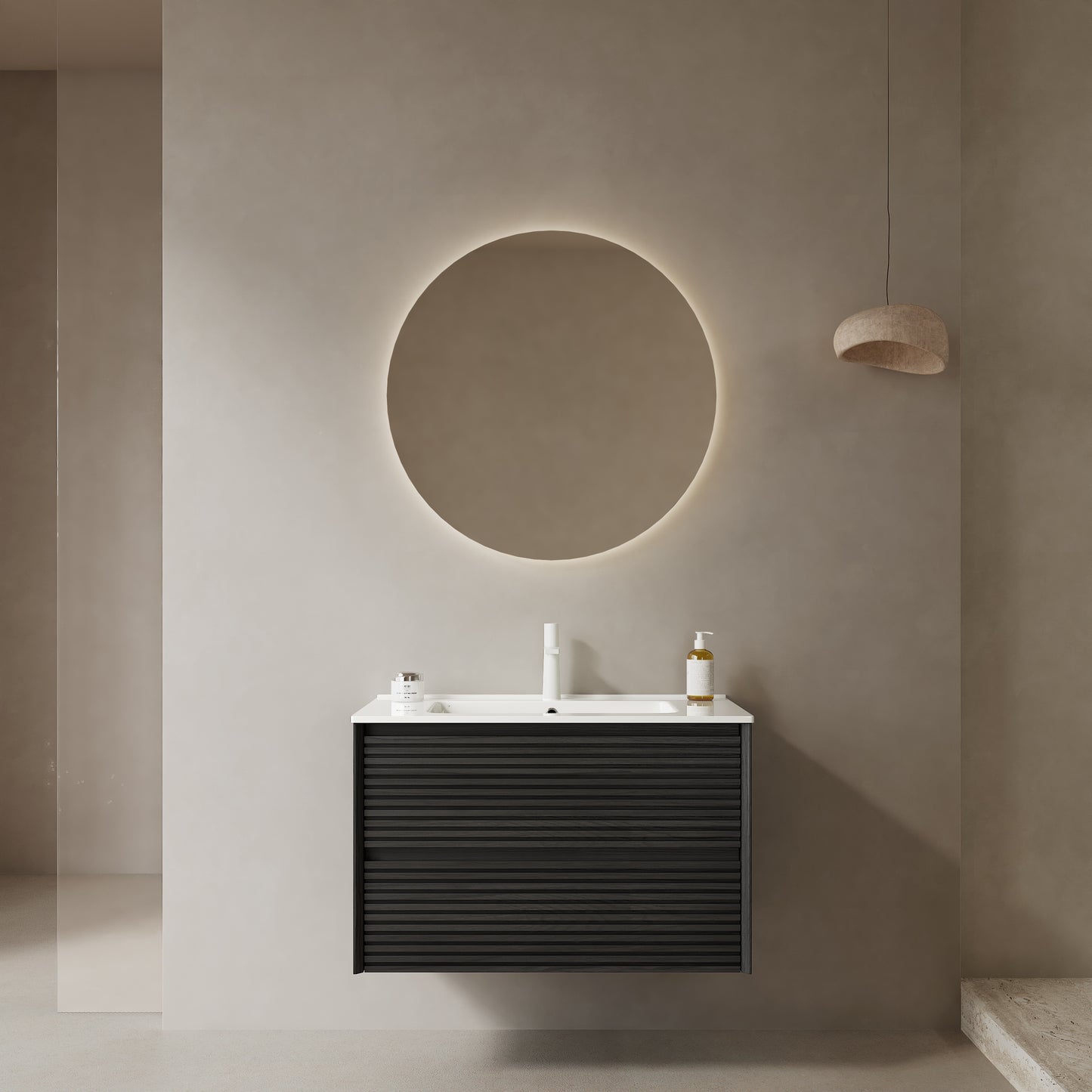 BRON 30' Bathroom Vanity with Sink, Wall-Mounted Floating Plywood Bathroom Storage Cabinet with 2 Drawers, White Ceramic Basin with Sink Hole Cover and Drain, Pre-assembled, Dark Oak Woodgrain Color