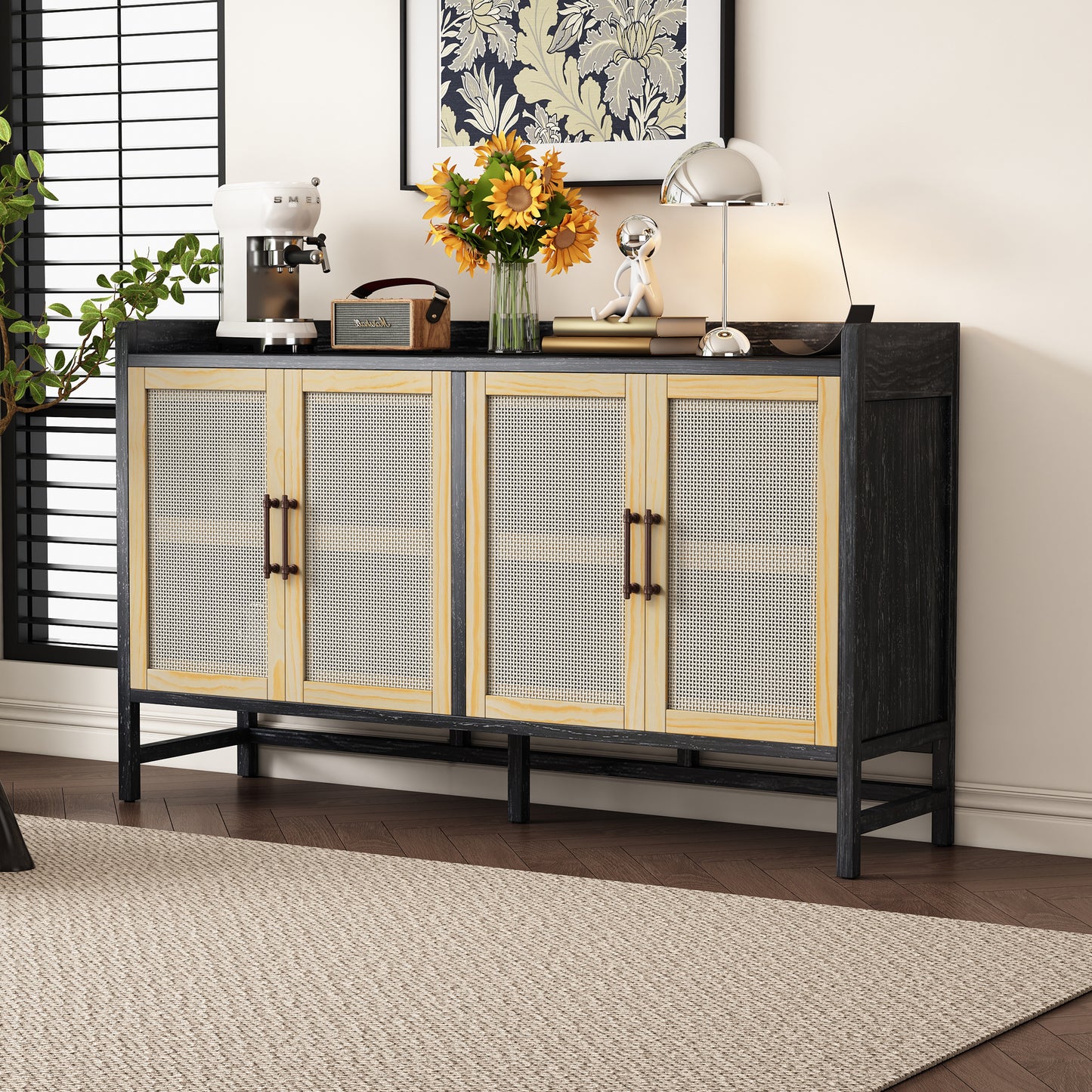 TREXM Sideboard Rustic Buffet Cabinet, sideboard cabinet with Decorative Rattan Doors, Buffet Cabinet with Storage for Entryway Dining Room Kitchen Living Room, Black+Natural