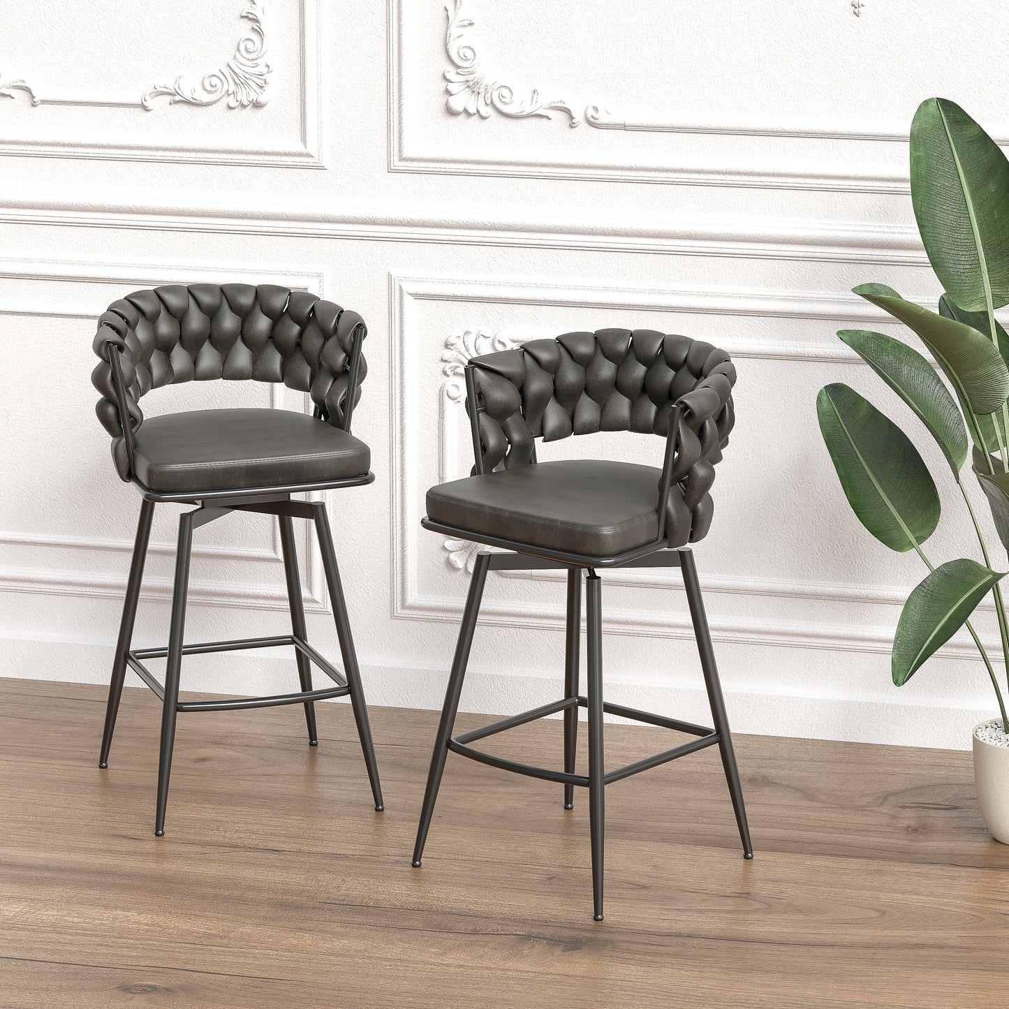 28' Technical Leather Woven Bar Stool Set of 2,Black legs Barstools No Adjustable Kitchen Island Chairs,360 Swivel Bar Stools Upholstered Counter Stool Arm Chairs with Back Footrest (Tan)