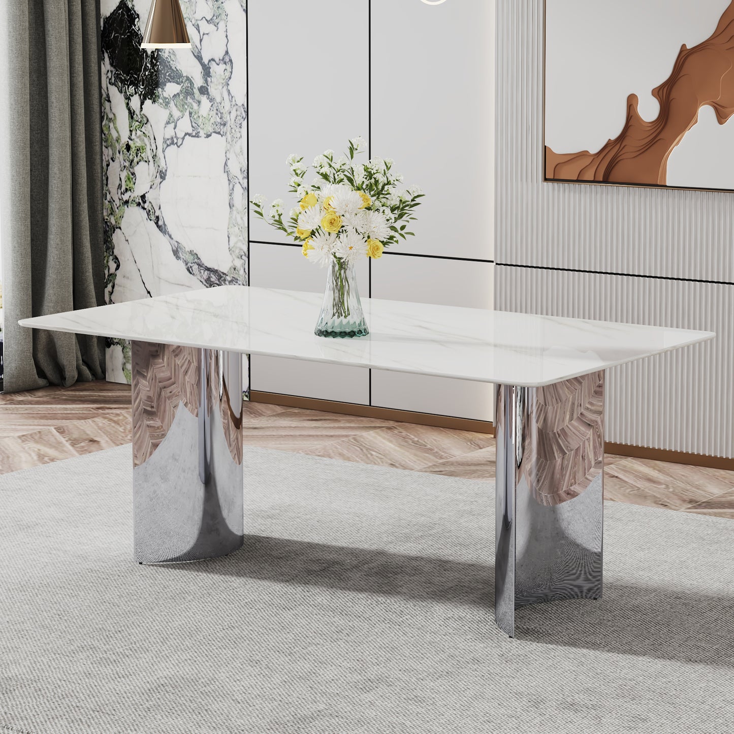 Modern minimalist dining table. The white imitation marble glass desktop is equipped with silver metal legs. Suitable for restaurants and living rooms 71' *39.3' *29.5' DT-69