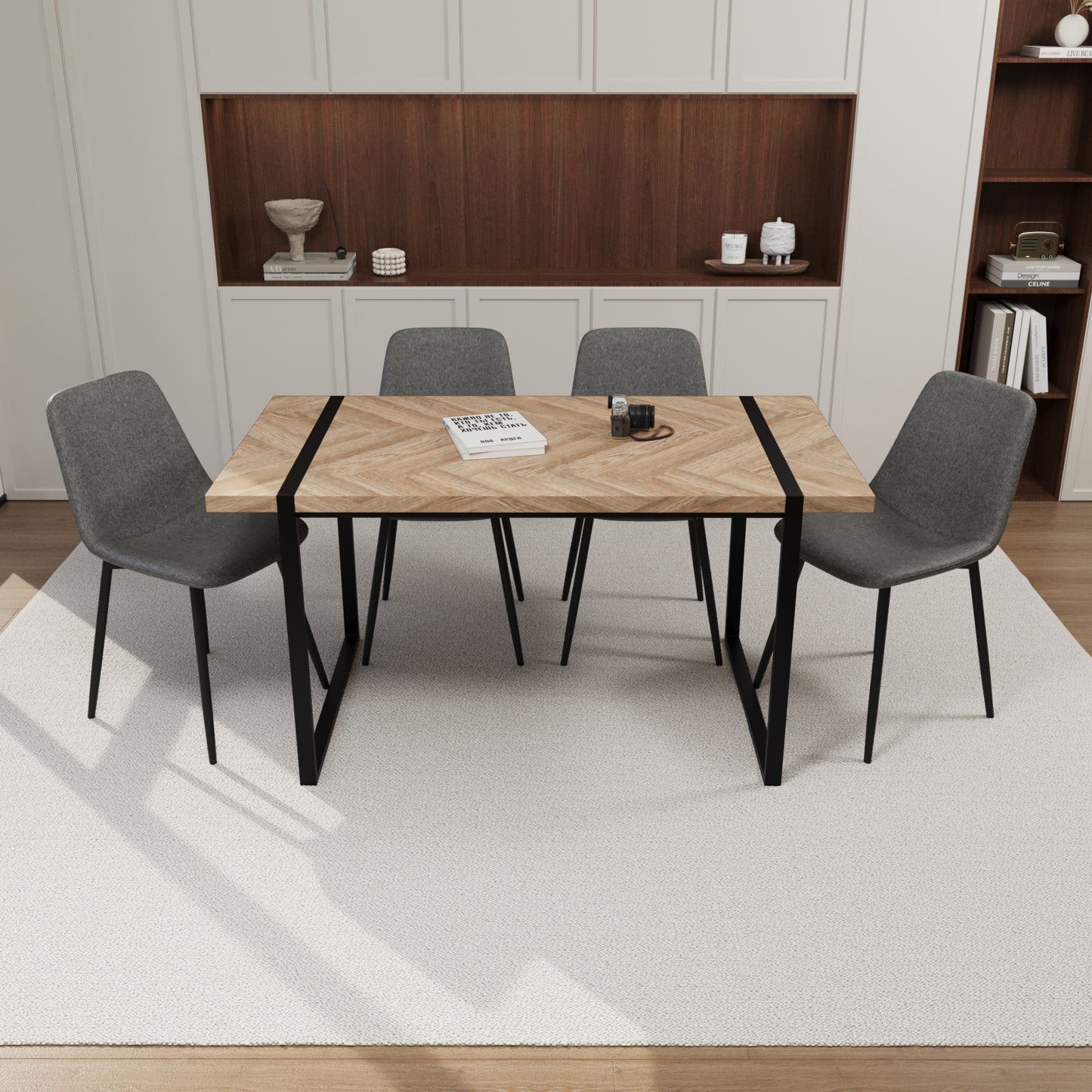 59' MDF light wood dining table and modern dining chair 4-piece set, medieval wooden kitchen dining table set, rectangular metal base, dining table and suede chair