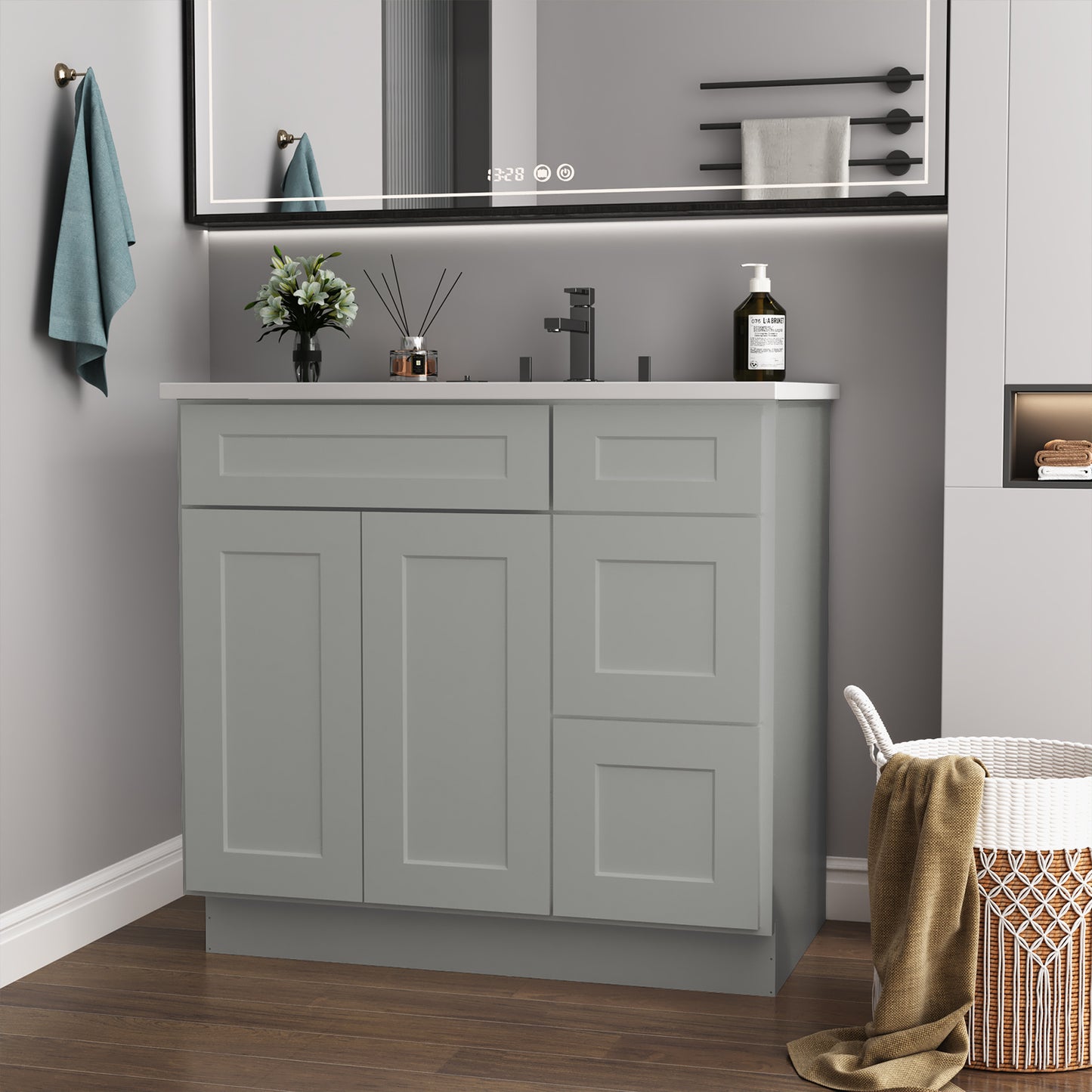 36 in. W x 21 in. D x 34.5 in. H in Shaker Grey Plywood Ready to Assemble Floor Vanity Sink Base Kitchen Cabinet with Right Door