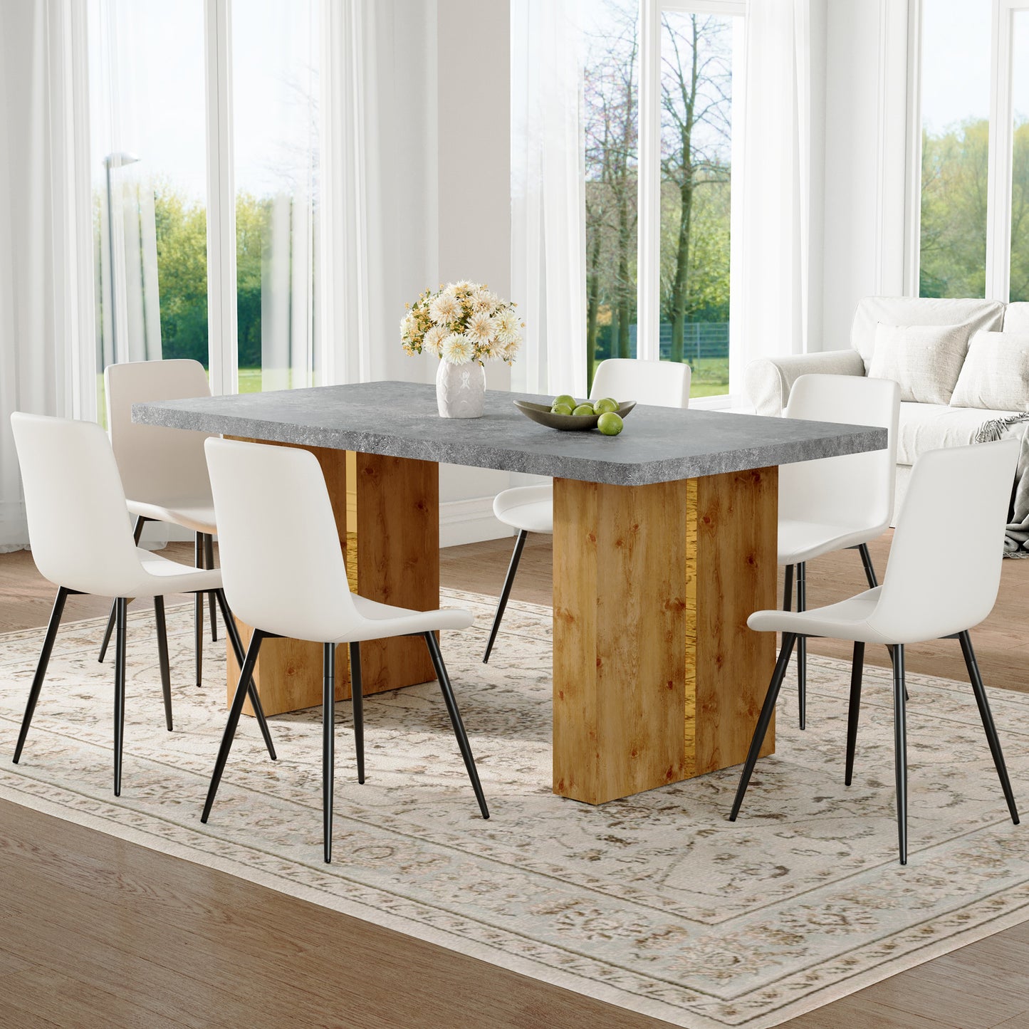 Table and chair set.Cozy Modern MDF Dining Set -67'x35.4' with 6 White Artificial Leather Chairs With Curved Widened Cushion Design.Suitable for restaurants, kitchens, dining rooms,etc.