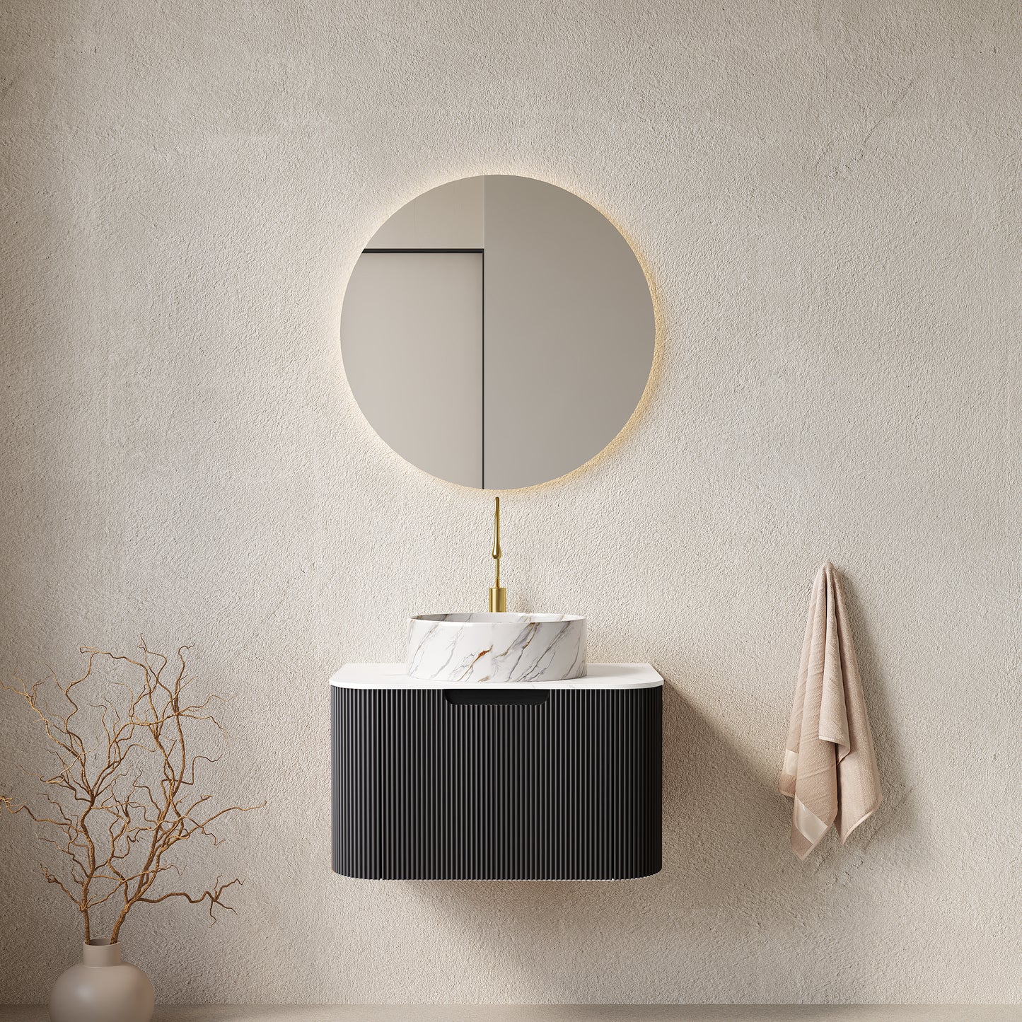 DINA 24' Bathroom Vanity with Sink, Wall-Mounted Floating Curved Edges Striped Bathroom Storage Cabinet with Drawer, White Round Ceramic Basin with Stone Pattern, Pre-assembled, Black Color
