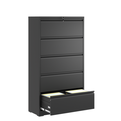 5 Drawer Metal Lateral File Cabinet , Black Filing Cabinet with Lock, Lockable File Cabinet for Home Office, Locking Metal File Cabinet for Legal/Letter/A4/F4 Size