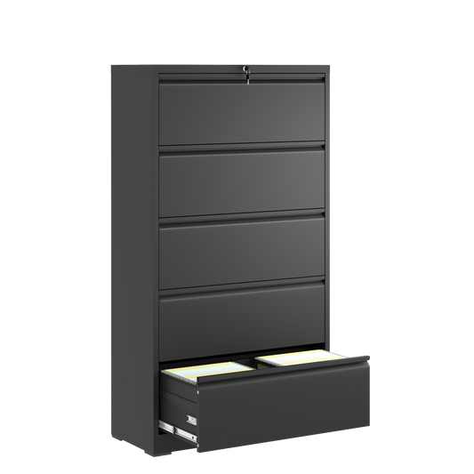 5 Drawer Metal Lateral File Cabinet , Black Filing Cabinet with Lock, Lockable File Cabinet for Home Office, Locking Metal File Cabinet for Legal/Letter/A4/F4 Size