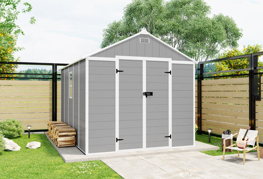 Campcraft 8*10ft resin storage shed, high quality pp material, strong structure, waterproof, rust and UV proof, large storage space, 12mm thick pp board, HD window lighting