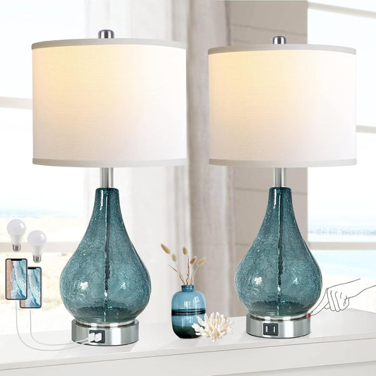Glass Table Lamp For Living Room Bedroom Set Of 2, 22.5' LED Light With Touch Control, Black 3 Way Dimmable Modern Bedside Lamps For Home Decor With White Fabric Shade, Halloween Christmas