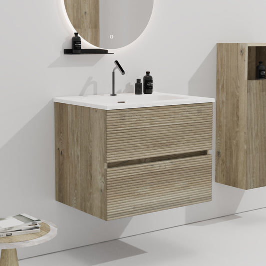 Gloria 24' Wall Mounted Rough Oak&Rough Oak Bathroom Vanity with Integrated Ceramic Sink with Overflow, Large Storage Floating Bathroom Vanity for Modern Bathroom, Pre-assembled