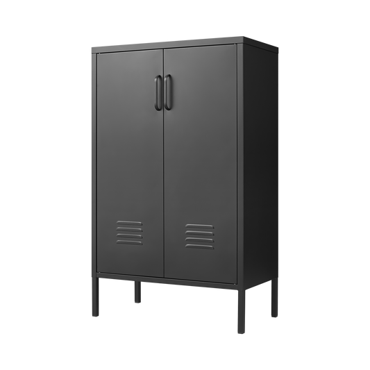 Steel Storage Cabinet for Living Rooms, Kitchens, and Bedrooms with 2 Doors and Movable Partitions in Black Metal