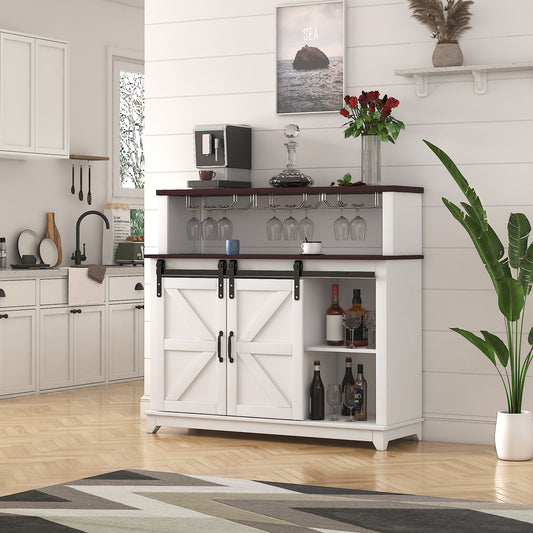 47' Coffee Bar Wine Cabinet with Sliding Barn Door , Sideboard Buffet Cabinet with Wine Bottle Rack, Storage Cabinet for Kitchen, Dining Room