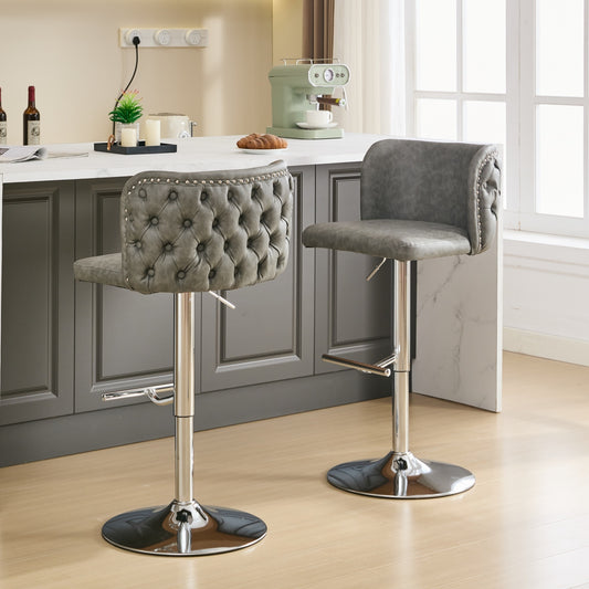 A&A Furniture,Swivel Barstools Adjusatble Seat Height With Chrome Base, Modern PU Upholstered Bar Stools with the whole Back Tufted, for Home Pub and Kitchen Island,Gray, Set of 2
