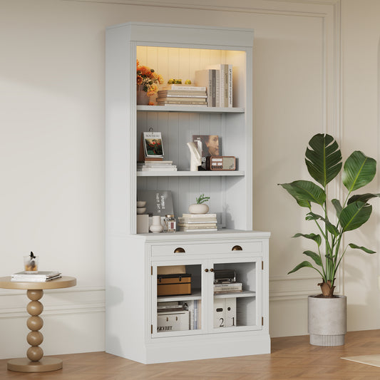83.4'Tall Bookshelf with LED Lighting, Modern Bookcase with 2 Glass Doors and 1 Drawer,Storage Bookcase with Open Shelves for Living Room,Home Office,White