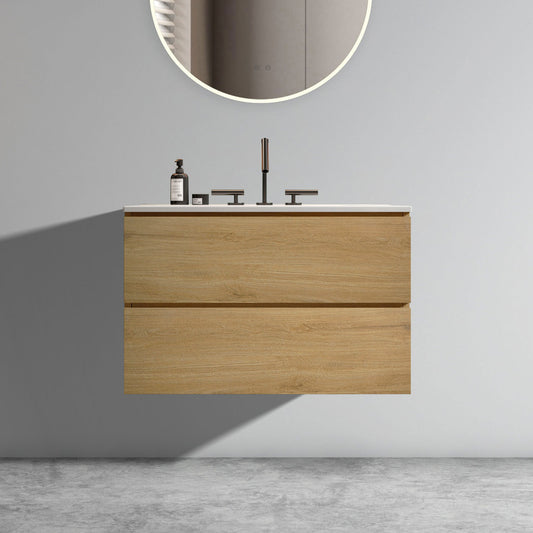 Wall Mount 30' Natural Oak Bathroom Vanity with Ceramic Sink with three faucet holes, Large Storage Floating Bathroom Vanity for Modern Bathroom, Pre-assembled