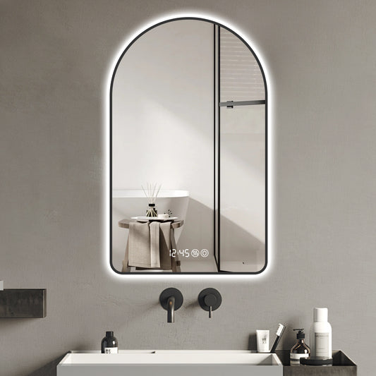 28'x48'Arched LED Mirror for Bathroom,Time and temperature display, Backlight, Anti-Fog, Dimmable, with Three Color Temperatures- Modern Vanity Light Mirror,  Perfect for over Sink,Black Frame