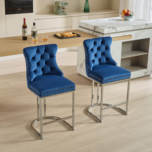 25' Counter Height Bar Stools Set of 2, Modern Velvet Barstools with Button Back&Rivet Trim Upholstered Kitchen Island Chairs with Sturdy Chromed Metal Base Legs Farmhouse Bar Stools, (Blue,2 Pack)