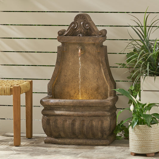 34.6' High Weather Resistant Floor Fountain with LED Light, Finley Outdoor Fountain, Light Brown