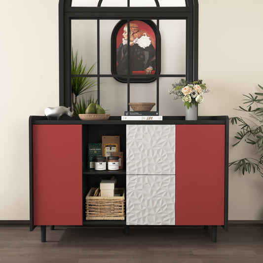 Sideboard Buffet Cabinet, Black Storage Cabinet with Red Doors , 2 Drawers with unique panel styling and 2 Open Storage Compartment, Modern Coffee Bar Cabinet Accent Cabinet for Kitchen, Dining Room,