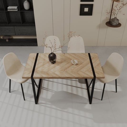 59' MDF light wood dining table and modern dining chair set of 4 pieces, medieval wooden kitchen dining table set, black rectangular metal base, dining table and suede chair set