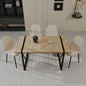 59' MDF light wood dining table and modern dining chair set of 4 pieces, medieval wooden kitchen dining table set, black rectangular metal base, dining table and suede chair set