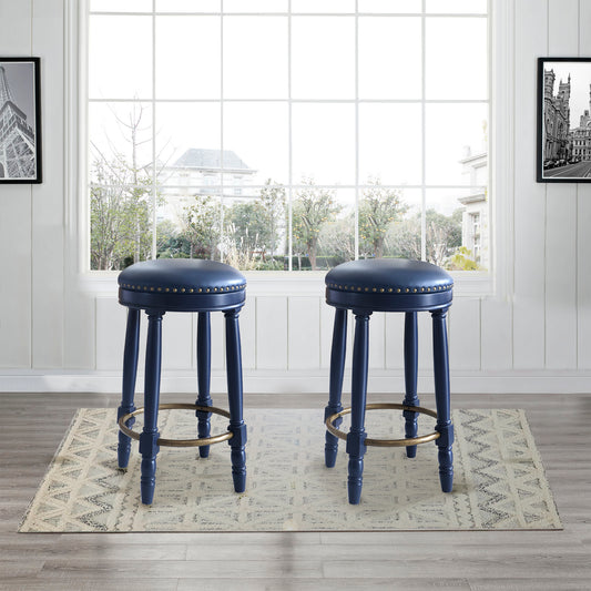AGODY Bar Stools Set of 2, 26' Counter Height, 360° Swivel Wooden Barstool with Leather Upholstered Seat, DARK BLUE Finish, Stylish Accent for Kitchen, Dining, and Living Room