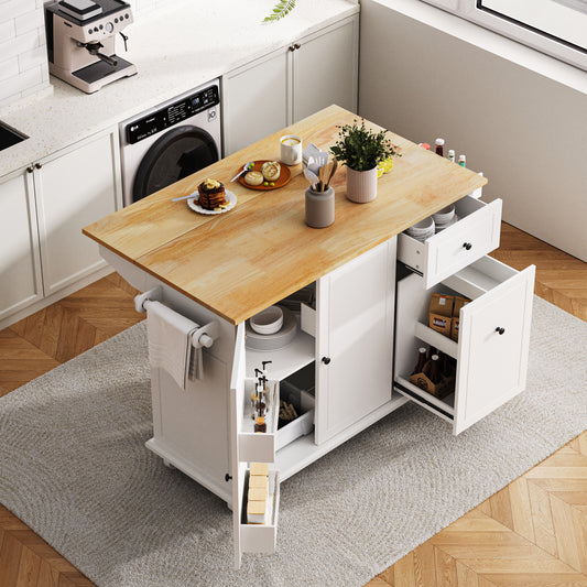 Kitchen Island with Drop Leaf, 53.9' Width Rolling Kitchen Cart on Wheels with Internal Storage Rack and 3 Tier Pull Out Cabinet Organizer, Kitchen Storage Cart with Spice Rack, Towel Rack (White)
