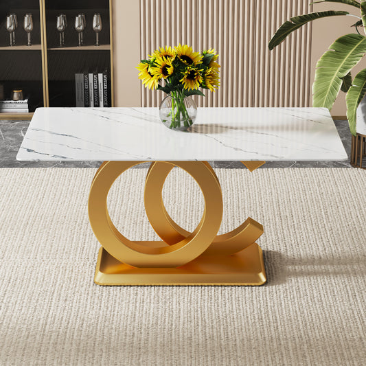 A large modern minimalist rectangular dining table suitable for 6-8 people, equipped with gold MDF OC shaped brackets and aureate base, suitable for kitchen, living room, dining room F-OC