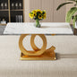 A large modern minimalist rectangular dining table suitable for 6-8 people, equipped with gold MDF OC shaped brackets and aureate base, suitable for kitchen, living room, dining room F-OC