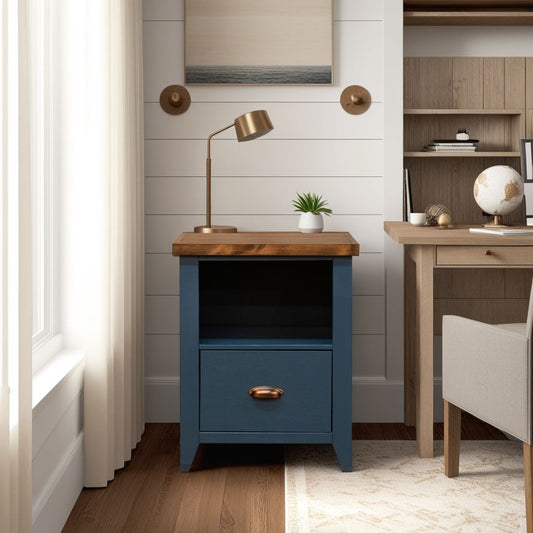 22 inch 1-drawer file, No Assembly Required, Blue Denim and Whiskey Finish