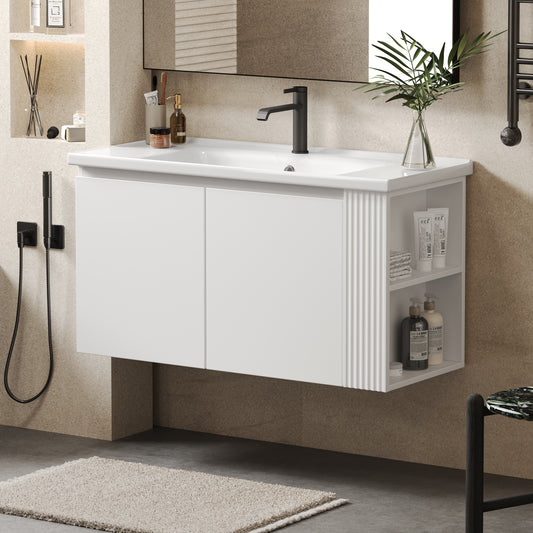 36' Modern Versatile Wall-Mounted Bathroom Vanity with Ceramic Sink, Floating Bathroom Vanity with 45 Degrees Free-Handle Design Soft-Closing Doors & 2 Side Open Shelves, Large Storage Space, White